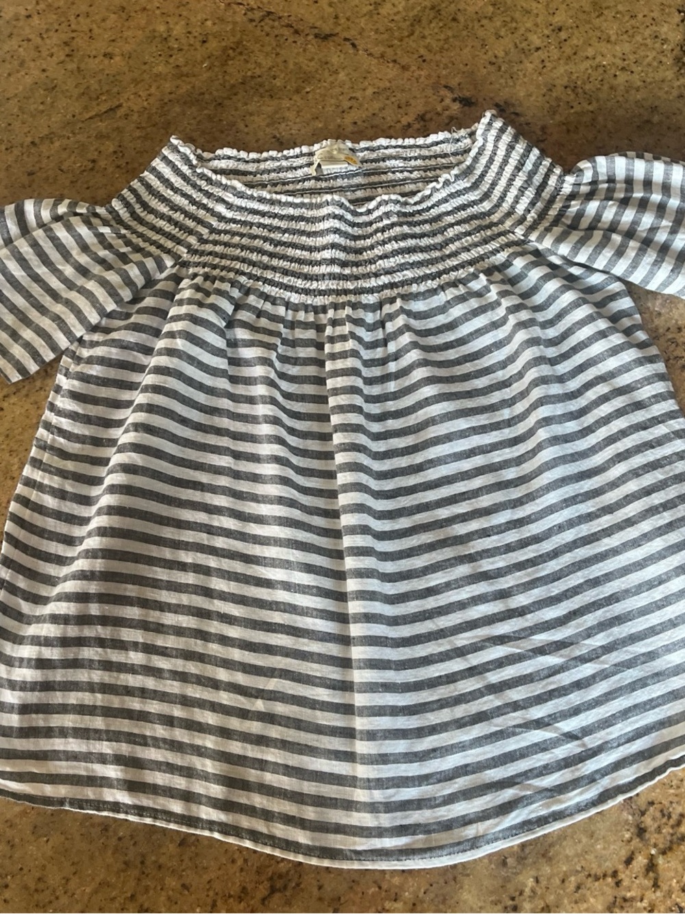 C&C California Striped Off-Shoulder Smocked Top - Gray & White Size S 100% Linen